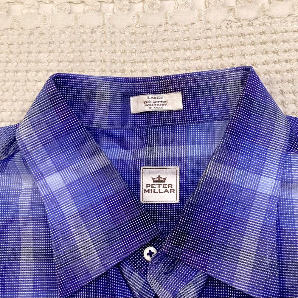 Mens Peter Millar Blue Textured Grid Long Sleeve Button Up Shirt Large